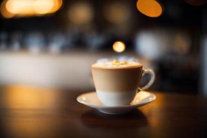 Cup of cappuccino with latte art on wooden background. photo