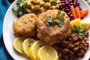 Jamaican cuisine. Jamaican patty, a savoury and spicy pastry filled with meats. photo