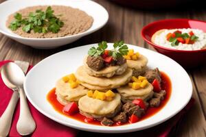 Russian cuisine. Meat dumplings stuffed with vegetables and sour cream. Pancakes with minced meat and vegetables. photo