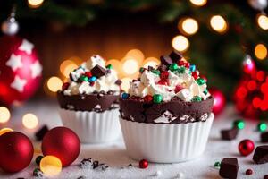 delicious Ice cream cone with chocolate and whipped cream on a wooden table. sweet food. photo