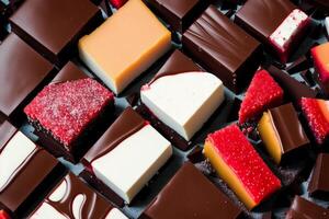 An assortment of colorful candies, chocolate, bars and chocolate pieces, sweet food. Close up of colorful marshmallows. photo