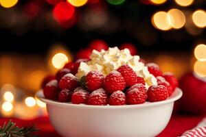 Christmas cake with whipped cream and fresh berries on a wooden table. Delicious pudding with raspberry sauce. photo