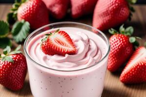 Strawberry yogurt in a white bowl.Yogurt with fresh blackberries, raspberries. photo