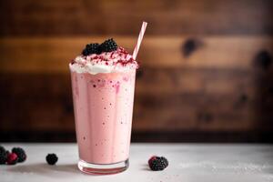 A glass of milkshake with whipped cream and blackberries.Strawberry milkshake, Raspberry milkshake. photo