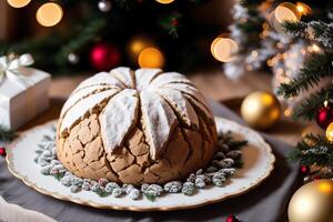 Freshly baked bread on a wooden board, close-up. French bread. loaf of white bread. photo