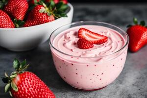 Strawberry yogurt in a white bowl.Yogurt with fresh blackberries, raspberries. photo