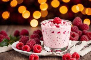 Strawberry yogurt in a white bowl.Yogurt with fresh blackberries, raspberries. photo