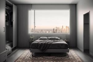 Interior of modern bedroom with gray walls, wooden floor, comfortable king size bed and window with countryside view. photo