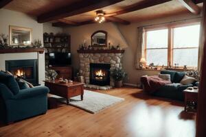 interior of modern living room with sofa, coffee table and plants. photo