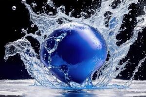 Water splash with bubbles on blue background. Abstract background. photo