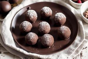 Chocolate truffles. An assortment of chocolate, candy, bars and chocolate pieces on a wooden background, sweet food. Chocolate cake. photo