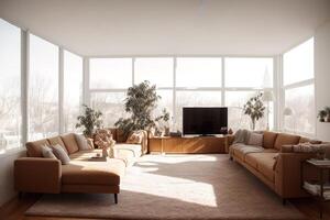 interior de moderno vivo habitación con sofá, café mesa y plantas. generativo ai foto