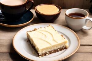 vainilla rebanada. delicioso chocolate tarta de queso con taza de café en de madera mesa. generativo ai foto