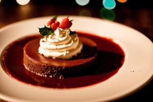 Delicious Chocolate cake with cream and icing sugar on a white plate. Eclairs with chocolate cream and cherry, photo