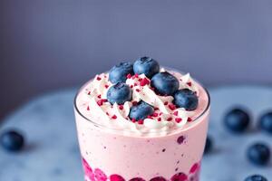 A glass of milkshake with whipped cream and blackberries.Strawberry milkshake, Raspberry milkshake. photo