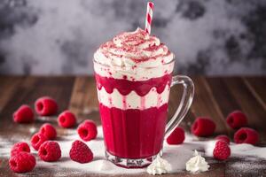 A glass of milkshake with whipped cream and blackberries.Strawberry milkshake, Raspberry milkshake. photo