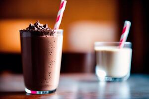 A glass of milkshake with whipped cream and blackberries.Strawberry milkshake, Raspberry milkshake. photo