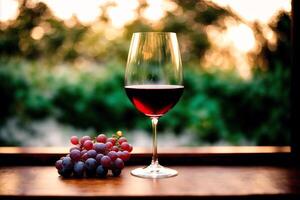 Glass of red wine and grapes on a wooden table.Bottle and glass of red wine with grapes. photo