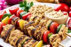 Lebanese cuisine. Chicken shish kebab on skewers served with couscous and vegetables. photo