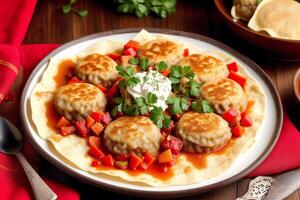 Russian cuisine. Meat dumplings stuffed with vegetables and sour cream. Pancakes with minced meat and vegetables. photo