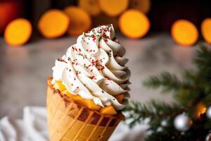 delicious Ice cream cone with chocolate and whipped cream on a wooden table. sweet food. photo