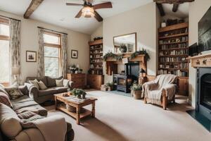 interior de moderno vivo habitación con sofá, café mesa y plantas. generativo ai foto