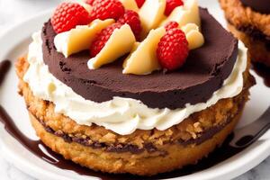 Delicious Chocolate cake with cream and icing sugar on a white plate. Eclairs with chocolate cream and cherry, photo