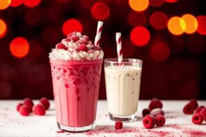 A glass of milkshake with whipped cream and blackberries.Strawberry milkshake, Raspberry milkshake. photo