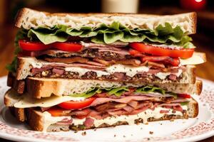 Sandwich with bacon, cheese, tomato and lettuce on wooden table photo