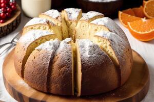 Christmas cake with raisins and powdered sugar. Panettone cake with raisins and icing sugar. photo