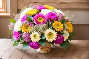 Bouquet of colorful flowers in vase on wooden background. photo