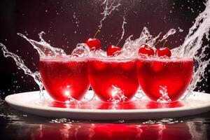 delicious cherry in water splash on black background. Healthy food concept. photo