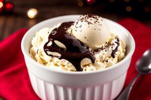 delicious Ice cream cone with chocolate and whipped cream on a wooden table. sweet food. photo