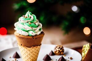 delicious Ice cream cone with chocolate and whipped cream on a wooden table. sweet food. photo