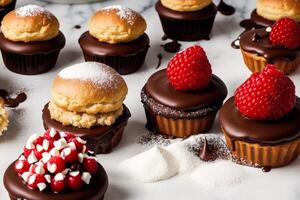 Delicious Chocolate cake with cream and icing sugar on a white plate. Eclairs with chocolate cream and cherry, photo