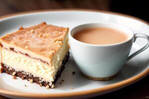 vainilla rebanada. delicioso chocolate tarta de queso con taza de café en de madera mesa. generativo ai foto