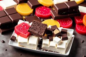 An assortment of colorful candies, chocolate, bars and chocolate pieces, sweet food. Close up of colorful marshmallows. photo