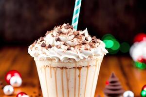 A glass of milkshake with whipped cream and blackberries.Strawberry milkshake, Raspberry milkshake. photo