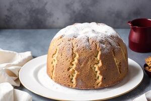 Navidad pastel con Pasas y en polvo azúcar. Panettone pastel con Pasas y Formación de hielo azúcar. generativo ai foto