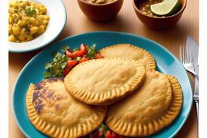 South American cuisine. Tasty pie with rice and vegetables served on plate, closeup. photo