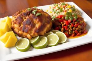 Jamaican cuisine. Jamaican patty, a savoury and spicy pastry filled with meats. photo