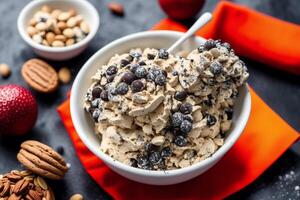 delicious Homemade ice cream with chocolate chips in a bowl on a wooden table. sweet food. photo
