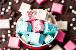 An assortment of colorful candies, chocolate, bars and chocolate pieces, sweet food. Close up of colorful marshmallows. photo