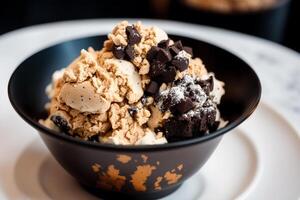 delicious Homemade ice cream with chocolate chips in a bowl on a wooden table. sweet food. photo