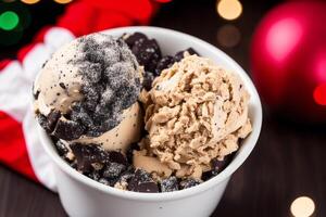 delicioso hecho en casa hielo crema con chocolate papas fritas en un cuenco en un de madera mesa. dulce alimento. generativo ai foto