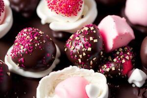 An assortment of colorful candies, chocolate, bars and chocolate pieces, sweet food. Close up of colorful marshmallows. photo