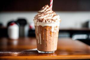 A glass of milkshake with whipped cream and blackberries.Strawberry milkshake, Raspberry milkshake. photo