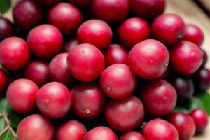 delicious Cranberries in a bowl on a wooden table, top view. Black currant berries. Healthy food concept. photo