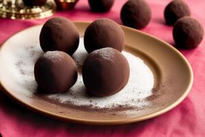 Chocolate truffles. An assortment of chocolate, candy, bars and chocolate pieces on a wooden background, sweet food. Chocolate cake. photo