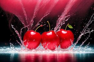 delicious cherry in water splash on black background. Healthy food concept. photo